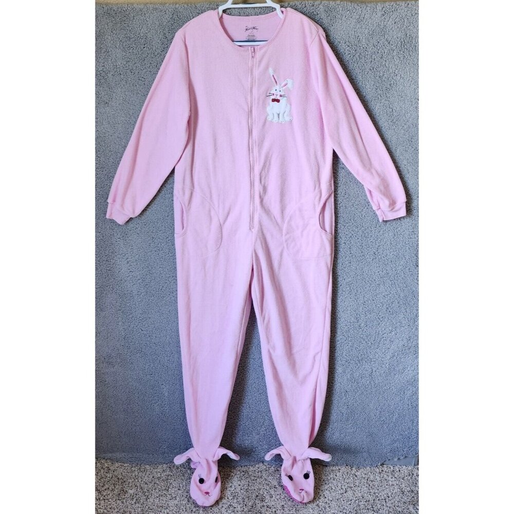 Nick & Nora One Piece Footie Pajamas Fleece Jumper Pink Bunny Easter Size Medium